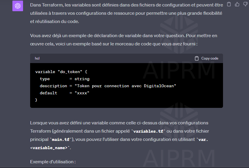 CHATGPT peut donner de nombreuses aides pour terraform